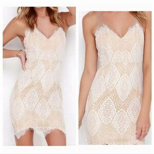 NEW Missguided V-neck Sheer Illusion Lace Mini Dress in Beige/Tan Size 4
